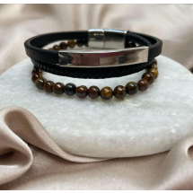 AC 0076 - Armband - Heren - Stainless Steel - Leder - Tiger Eye - 21 cm